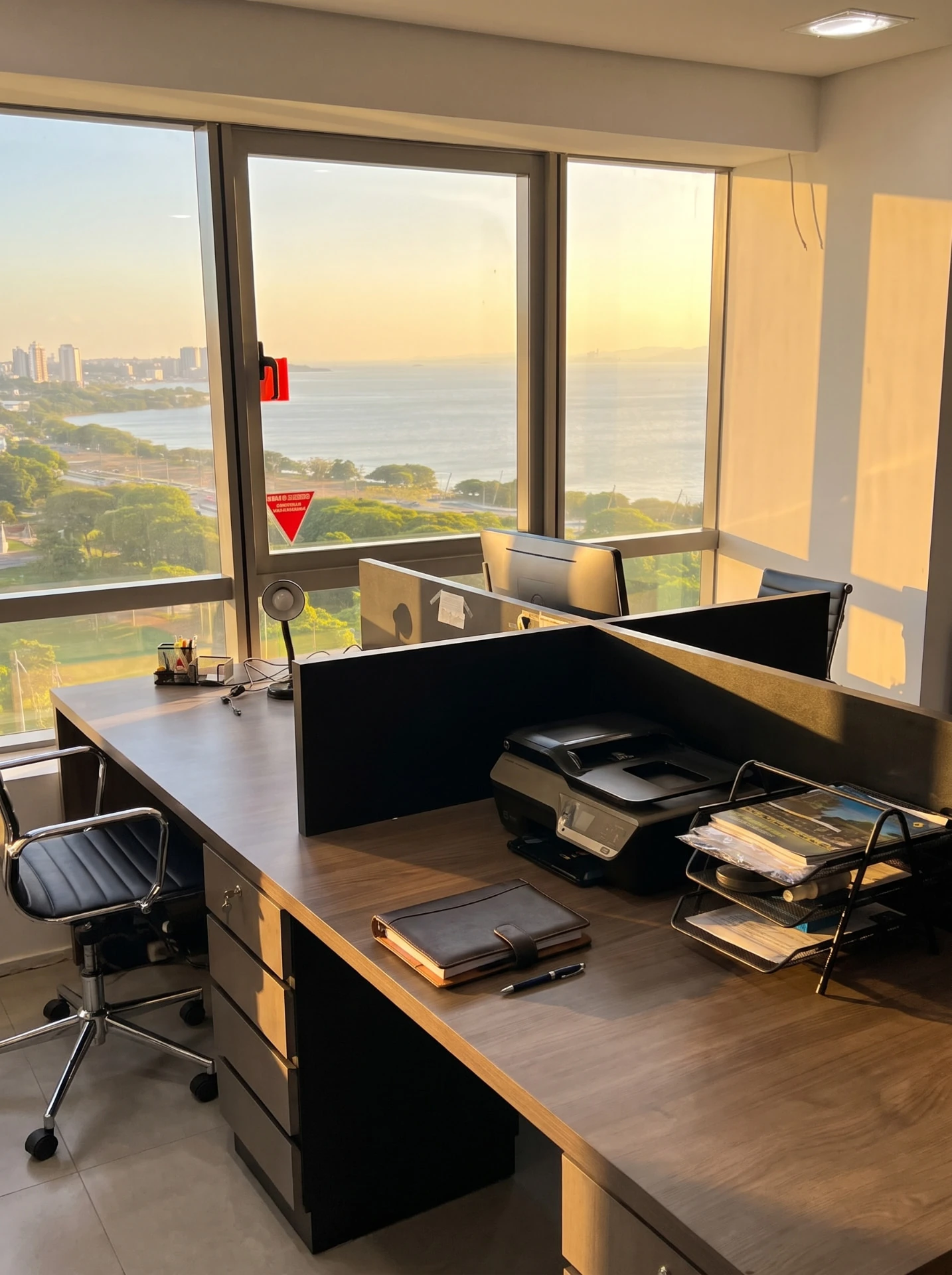 Mesa de reuniões do escritório com vista para a cidade